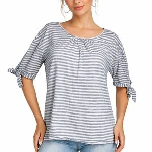 Weekend Suzanne Betro Striped Top L Blue White Boho Tie Sleeve Cotton Coastal